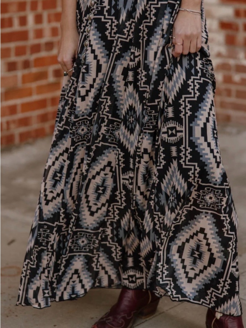 Boho Aztec Maxi Skirt in Black & Tan